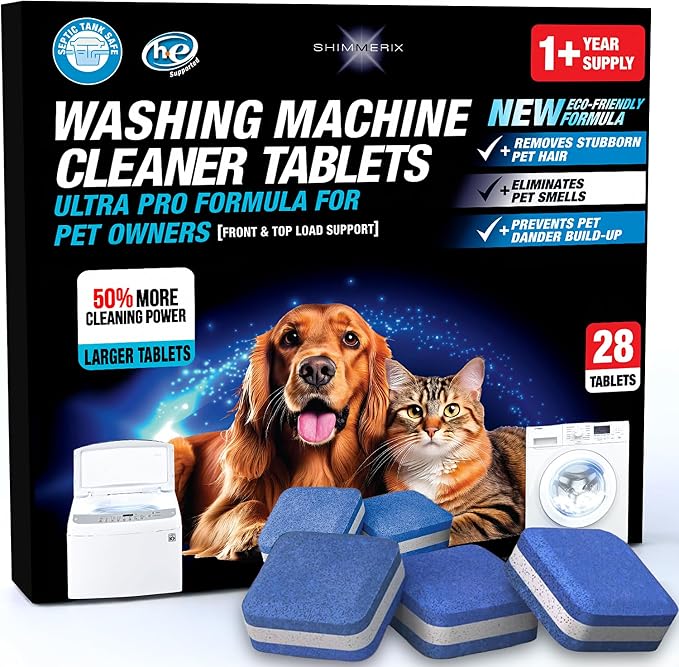 Washing Machine Cleaner New Ultra Pro Tablets, 50% Stronger for Pet Owners | 28 Pack, Remove Tough Pet Hair, Deep Cleaning, Odor, Residue, Grime, No Dander Buildup, Septic Tank Safe, HE Front & Top Load