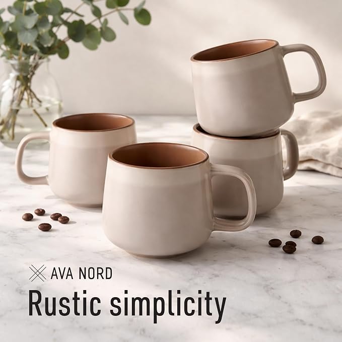 Ava Nord Stoneware Ceramic Coffee Mugs Set of 4 | 12 oz | Rose Sand | Lead-Free, Non-Toxic, Freezer - Microwave & Dishwasher Safe, Comfortable Handle, Aesthetic Nordic Design for Cappuccino