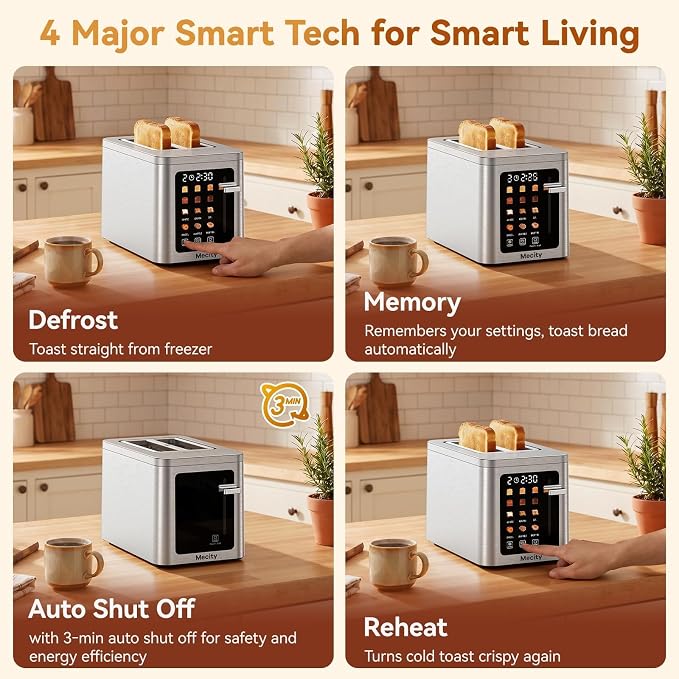 Mecity 2 Slice Toaster Smart Touchscreen, Stainless Steel Wide Slot Toasters Defrost, Reheat, Memory Function, Auto Shutoff, Digital Electric Bread Toaster for Bagel Muffin Waffle, 120V