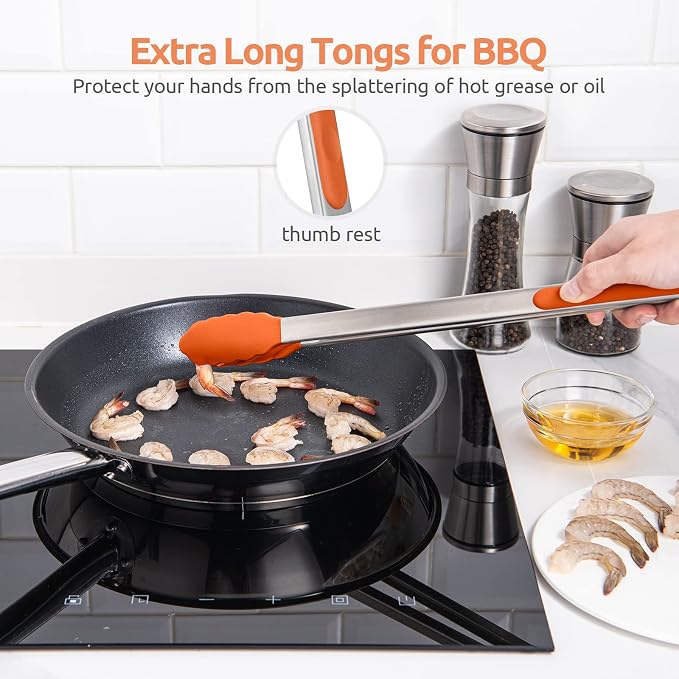 U-Taste Kitchen Tong for Cooking, 600ºF Heat-Resistant Tps, 16in/Orange | Extra Long BBQ Tongs, Large Tong for Grilling/Grabbing, Big Thong with Nonstick Silicone Tps & 18/8 Stainless Steel Handle