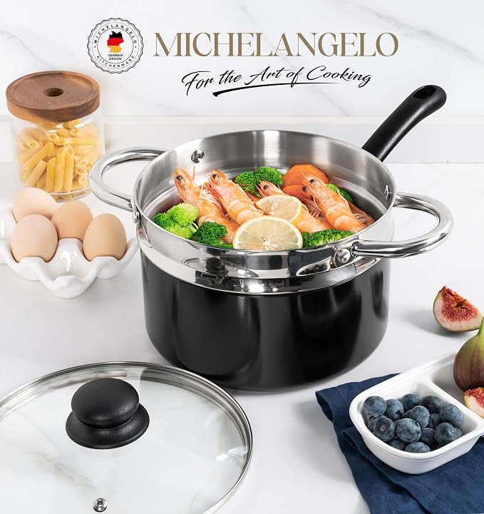 MICHELANGELO Nonstick Saucepan with Lid, Ceramic Sauce Pan Sets, Easy to Clean Sauce Pans, Multi-Purpose Cooking Pots, 3QT, Silver