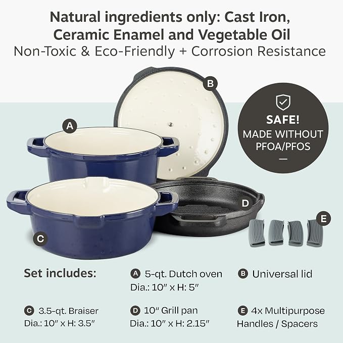NATIVO 5 pc Stackable Cast Iron Cookware Set, Versatile Enamel Dutch Oven, Seasoned Grill Pan & Enamel Braiser with Precision Pour Spouts, Universal Lid, Included Spacers/Handle Holders, Midnight Blue