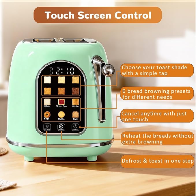 Mecity Toaster 2 Slice, Touch Screen Wide Slot Retro Toaster For Breads Bagel Muffin Waffle, House Warming Gift New Home, 120V 825W, Light Green