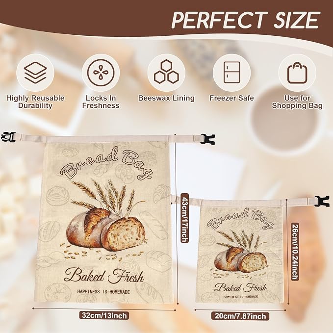 Beeswax Bread Bags for Homemade Bread, Sourdough Storage 3 Piece Set | Multiple Sizes, XL 17" x 13" & 10" x 8", Reusable Bees Wax Bread Bag & Keeper, Natural Linen with Premium Box for Home Baking