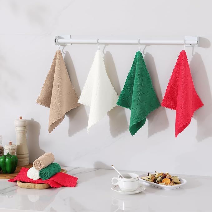 Homaxy 12 Pack Super Soft Absorbent Coral Velvet Dish Cloths, 10" x 10" | Dark Green/Tan/Red/White, Nonstick Oil Fast Drying Microfiber Cleaning Cloth, No Lint Household Dishcloths