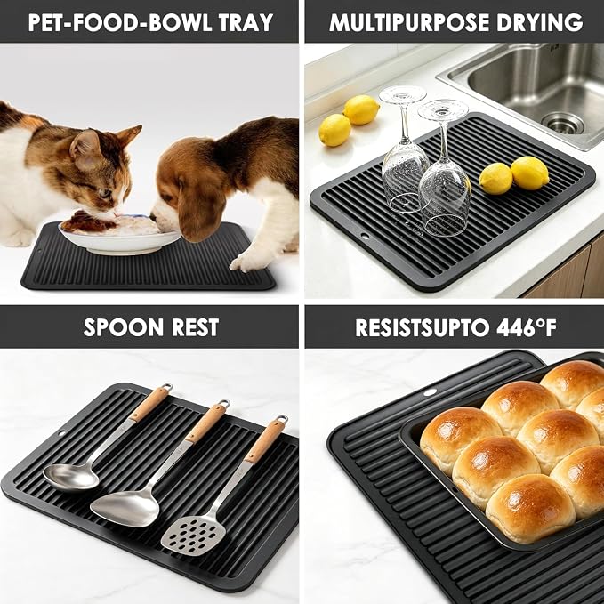 Black Silicone Trivet 16'' X 12'' Silicone Hot Pads for Kitchen Nonslip and Heat Resistant Hot Pads Trivets for Kitchen Quartz Countertops (Black)