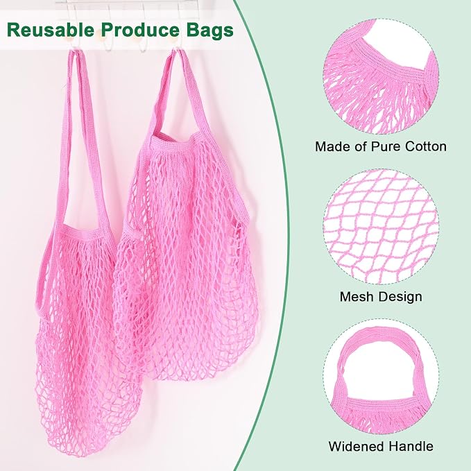 M METERXITY 2-Pack Cotton Mesh Bag, Reusable Washable Mesh Net String Grocery Bags, Reusable Produce Bags with Handle, Net Tote Bag for Fruits/Vegetables Shopping [Pink, Long&Short Handle]