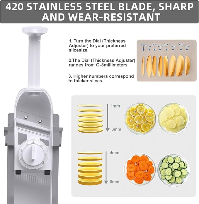 Safe Mandoline Slicer for Kitchen, Professional Vegetable Potato Slicer | 0.1-8 mm Adjustable Thickness, Food Chopper French Fry Cutte, Mandolin, Chopping Artifact Fast Veggie (just Slice, LightGray)