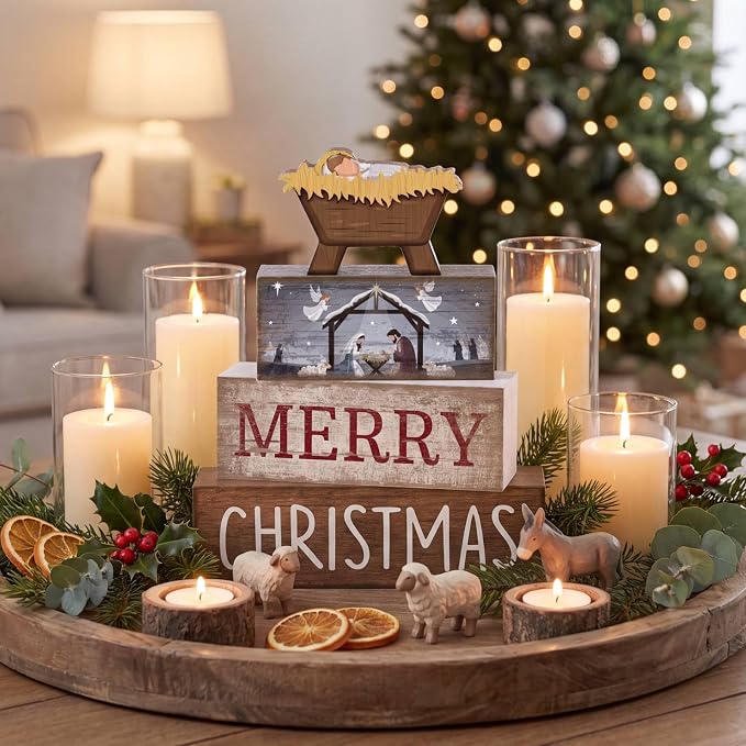 Lineshading 4 Pcs Nativity Christmas Wooden Block Signs Farmhouse Decor | Stackable Manger Scene Blocks for Tiered Tray Mantel, Rustic Farmhouse Tabletop Decorations, Birth of Jesus Holiday Gift