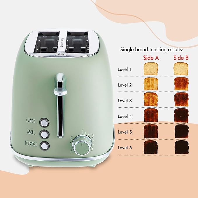 Rae Dunn Retro Rounded Bread Toaster, 2 Slice Stainless Steel Toaster with Removable Crumb Tray, Wide Slot with 6 Browning Levels, Bagel, Defrost and Cancel Options, Sage