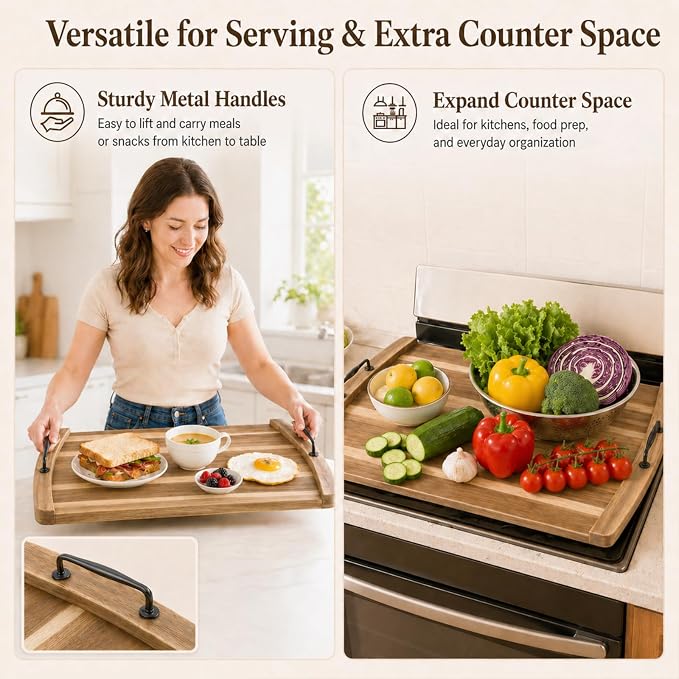 DHARANA Gas Electric Stove Top Cover Wooden Board Burner Glass RV Stovetop | Acacia Wood Noodle Boards 29*22*1.26
