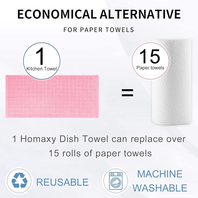 Homaxy 100% Cotton Terry Kitchen Towels, 5 Pack, Pink | Ultra Soft and Absorbent Dish Towels for Kitchen, Suitable for Drying and Washing Dishes