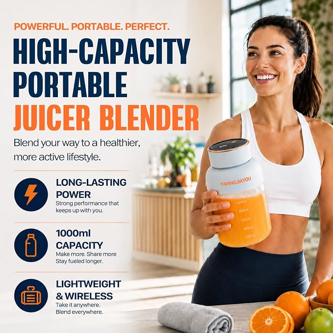 Portable Blender, Personal Smoothie juicer, Shaker blender, 33oz USB portable rechargeable juicer cup with 38 Blades for Kitchen, Travel, Gym， Office – Sky Blue