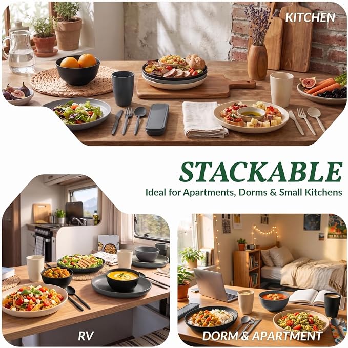 Premium Wheat Straw Dinnerware Sets 28 PCS Unbreakable Plates and Bowls Sets Microwave Safe Dishes Kitchen Utensils for Camping, RV, Party, Apartment, Travel Dishes Set of 4(GreyStone)