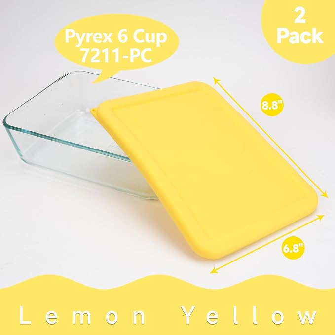 6 Cup Rectangle Silicone Storage Cover Lids Replacement for Pyrex 7211-PC Glass Bowls, (Container not Included) 2 Pack, Microwave, Dishwasher and Freezer Safe