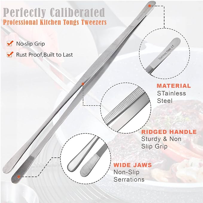 Professional Culinary Stainless Steel Precision Tongs with Serrated Tips, Plating/Food Presentation Detailing Serving Tongs, Chef's Kitchen Tweezer Tongs - Ultra Non-Slip Grip (12" 4 PCS)