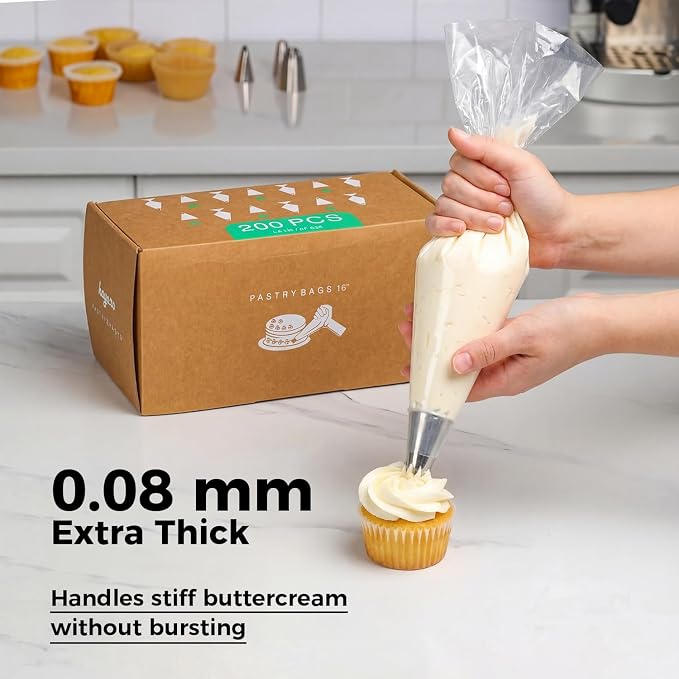 18-Inch Heavy-Duty Disposable Piping Bags, 200 Pack – Extra Thick Smooth Pastry Bags with Easy-Pull Dispenser Box for Cake Decorating, Buttercream Frosting, Cookie Icing & Baking Supplies