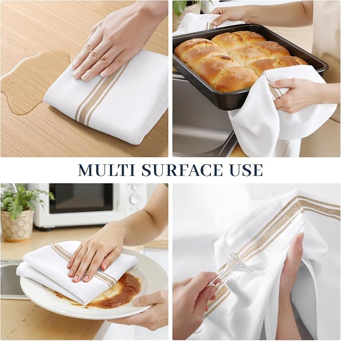 Homaxy 100% Ring Spun Cotton Kitchen Towels 8 Pack, Khaki Stripe | 15 x 25 Inch, Highly Absorbent Dish Towels for Kitchen Drying, Reusable Cleaning Cloths, Soft Tea Towels with Hanging Loop