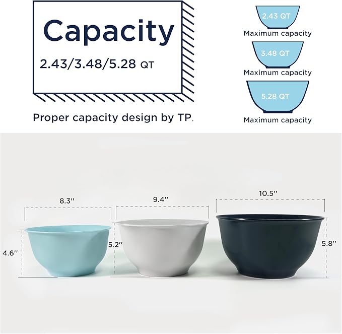 TP Melamine Mixing Bowl Set with Lids, Salad Bowl Set of 3, Blue&White | Nesting Design,Break-resistant,Pasta & Salad Prep, Baking Prep, Space-saving Storage, Freezer Safe, Dishwasher Safe