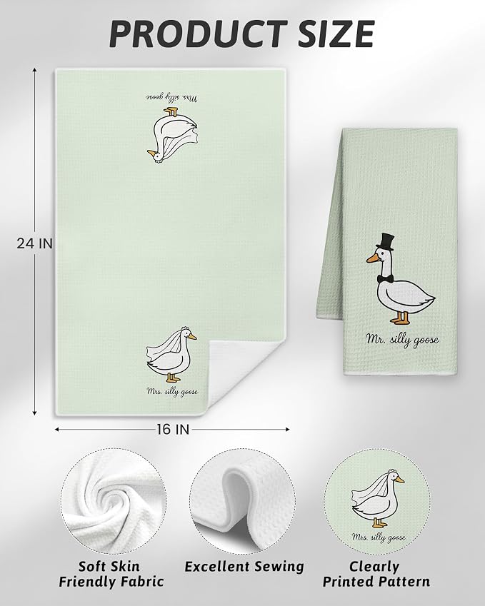 Funny Mr and Mrs Goose Sage Green Kitchen Towels 16x24 Inch, Wedding Gifts for Couples Newlyweds Dish Tea Towels for Kitchen Decor, Just Married Gifts Decorative Hand Towel for Bathroom, Set of 2