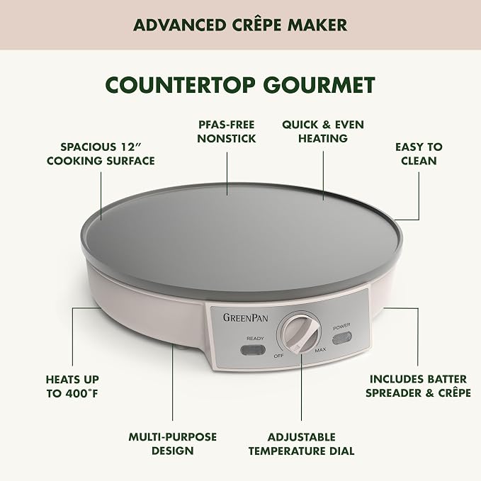 GreenPan Advanced 12" Crepe Maker, Healthy Ceramic Nonstick PFAS-Free Coating, Adjustable Temperature Control, 400°F Heating, Batter Spreader & Crepe Turner Included, Clay