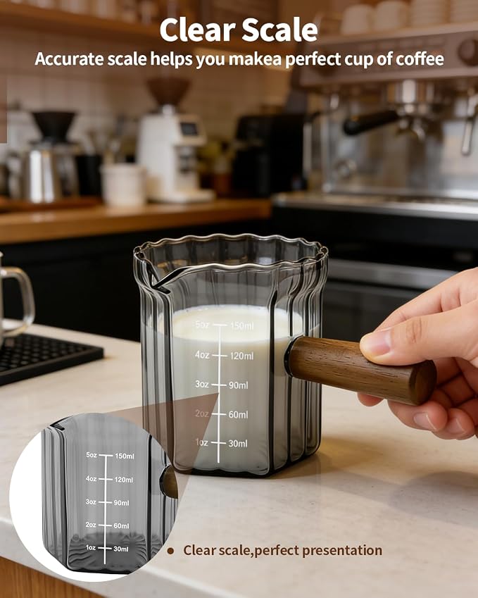 Espresso Measuring Cup 5 Oz, Espresso Glass Cups with Wood Handle, Milk Frothing Cup, Espresso Cup for Coffee, Milk, Tea or Maple Syrup Serving (Gray, 5 oz)
