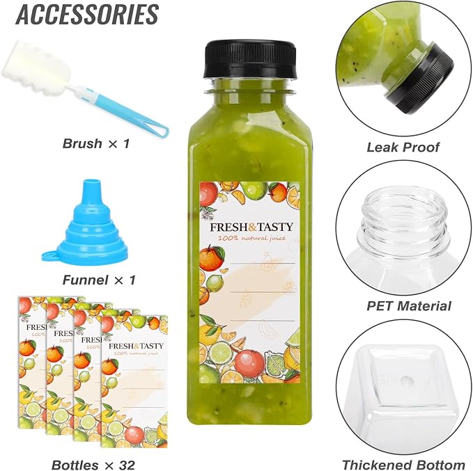 32pcs 12oz Plastic Juice Bottles with Caps, Sticker Labels, Brush | Clear Reusable Juice Containers with Lids and Labels, Funnel, Brush, Beverage Containers for Juicing, Smoothies, Tea, Milk