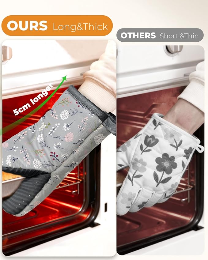 100% Thick Cotton Mini Oven Mitts Silicone Grip Grey Floral | Elegant Classic Oven Mitts for Women, Machine Washable, Non-Slip, Reversible Design Fits Both Hands, Stylish Kitchen Decor