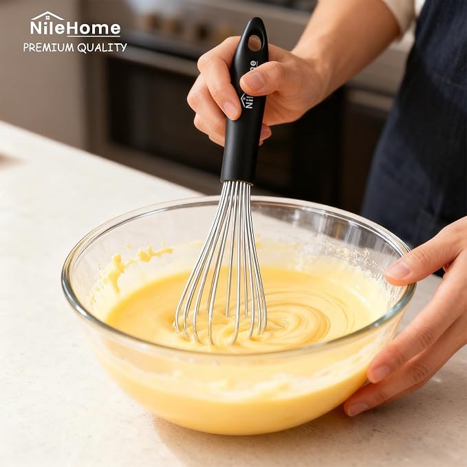 NileHome Silicone Whisk 10", Kitchen Whisk Kitchen Wisk Wire Whisks for Cooking, Whisking, Blending, Beating, Stirring-Black Silver