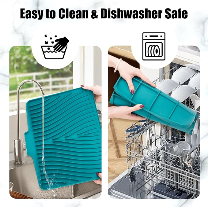 TIKNIK Silicone Dish Drying Mat for Kitchen Counter, Green-1pcs, 16" x 12" | Heat Resistant & Non-Slip Dish Drain Pad with Built-In Drain, Dishwasher Safe, Quick-Dry, Hangable & Roll-Up for Storage