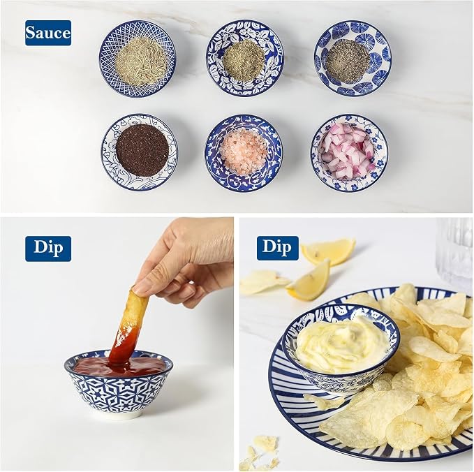 Selamica Ceramic Mini Bowl Set, 4 oz Dipping Bowls for Snack Side Dishes Condiment, Set of 6, Vintage Blue