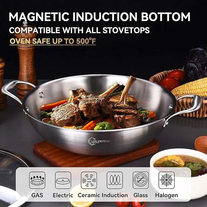 LOLYKITCH 10-Inch Stainless Steel Wok with Lid | 2.5-Quart | Dual Handles | Small | Uncoated Tri-Ply Stir Fry Pan | Everyday Cooking Wok for Induction | Flat Bottom | PFOA-FREE | 1-2 Servings ﻿