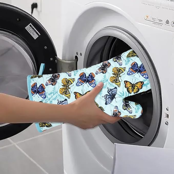 Oven Mitts Cotton Fashion Cute Butterfly Design 1 Pair | Heat Resistant Oven Gloves Safe Cooking Baking Grilling Barbecue Machine Washable Pot holders Christmas Gift (Butterfly)