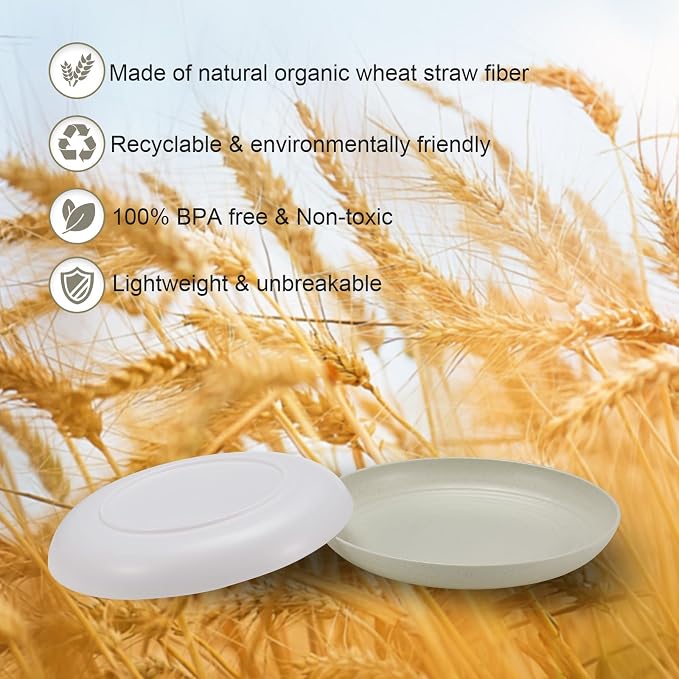 HEYCOME 12 Pcs Unbreakable Deep Dinner Plates Set, 10 inch Reusable Plastic Wheat Straw Plates, Microwave and Dishwasher Safe Plate for Kitchen, Lightweight Plate for Dessert, BPA Free, Beige