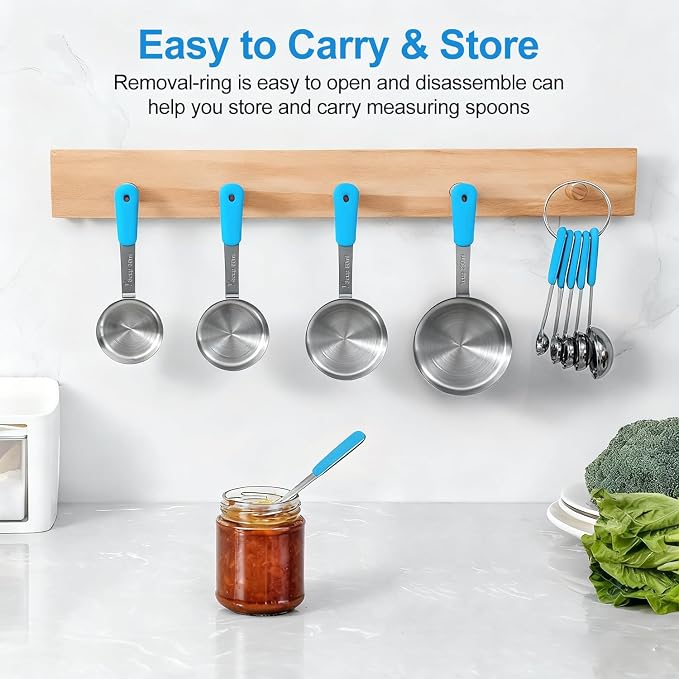 Bopei Measuring Cups and Spoons Set Stainless Steel 10 Piece for Cooking and Baking (5 Cups + 5 Spoons, Light Blue Handle)