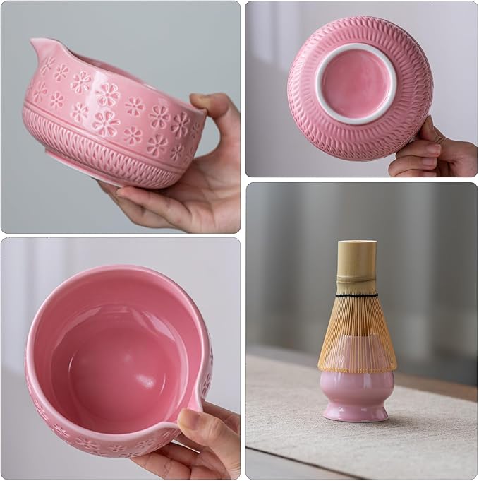 Buucup Matcha Whisk Set, Ceramic Matcha Kit with Bowl & Tools, Pink | 7-piece set includes ceramic bowl, bamboo whisk, scoop, holder, rest, sifter and tea towel for easy matcha making at home.