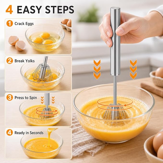 Qukaka Hand mixer egg beater,stainless steel semi automatic whisk,egg spinner,wisking tool,whipped cream dispenser,easy whisks for cooking,Beating&Stirring(12in)