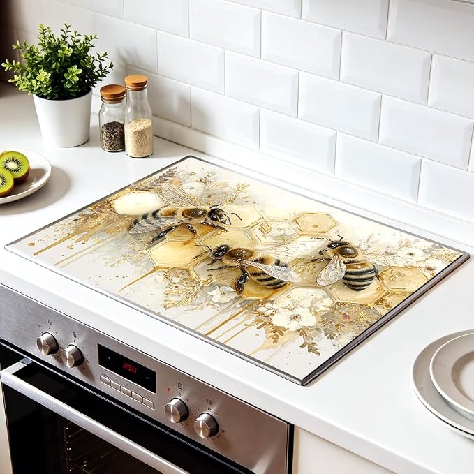 Bee Honey Stove Top Cover 28x20 Inch Decorative Electric Stove Cover | Heat Resistant Cooktop Protector Mat with Non-Slip Backing, Scratch Protection and Countertop Drying Mat.