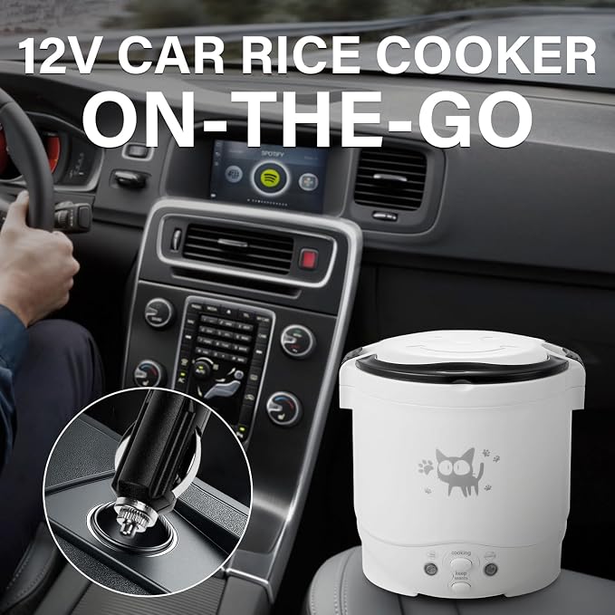 OSBA 12V Rice Cooker for Car 1L Mini Rice Cooker with Steamer, White | 2Cup Portable Travel Rice Cooker for 1-2 People, Cooking Heating & Auto Keeping Warm Function, Used as an Electric Lunch Box