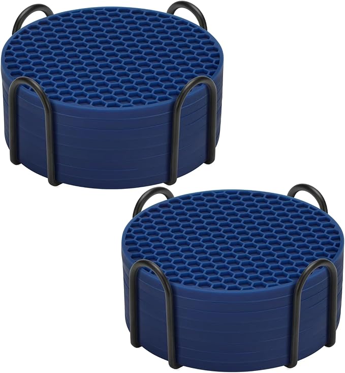 Silicone Coaster Set of 16 with Holder, Drinks Coasters, Suitable for All Cups, Hot or Cold, Anti-Slip, Non-Stick, Anti-Overflow Tabletop Protection and Decor (Navy Blue, 16 Pcs)