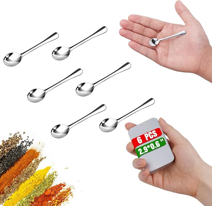 6PCS Tiny Spoons - Mini Stainless Steel Spoons 2.9 inch for Salt Jars Spice Jars, SUS 304 Food Grade Seasoning Spoon for Powder Spices, Pepper, Sugar, Coffee