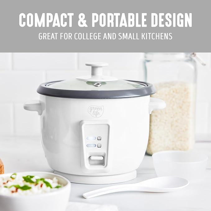 GreenLife Rice Cooker, 3-Cups Uncooked/6-Cups Cooked, White | PFAS-Free Ceramic Nonstick Removable Pot, One-Switch Design, Grains Multicooker, Keep Warm, Dishwasher Safe Parts, Easy Clean