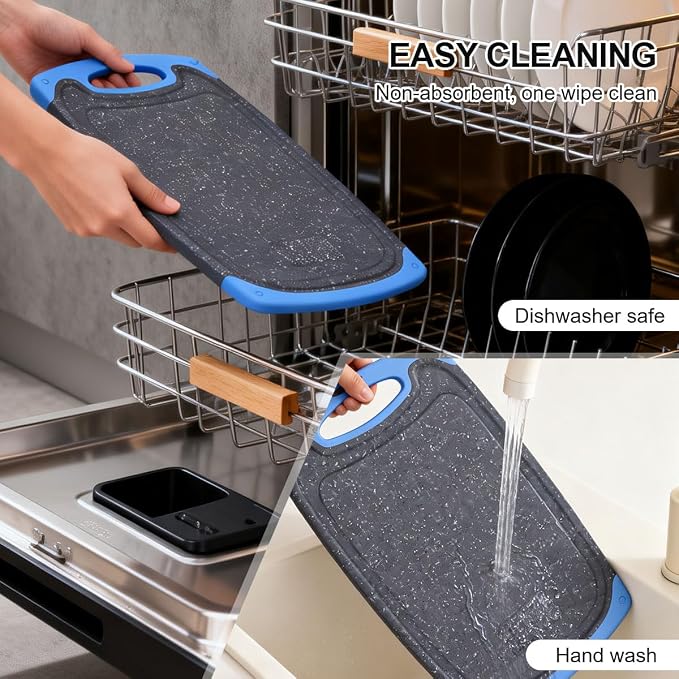 Viretang Non Slip Cutting Board Set For Kitchen, 3 Pieces, Dishwasher Safe | Blue Plastic Chopping Boards with Juice Grooves, Easy Grip Handle,Grinding Area for Grinding Garlic and Ginger,Non BPA