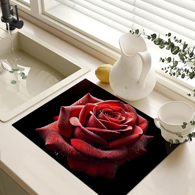 HOMETITUTE Red Rose Bloom Stove Top Cover 28x20 Diatomite Mat