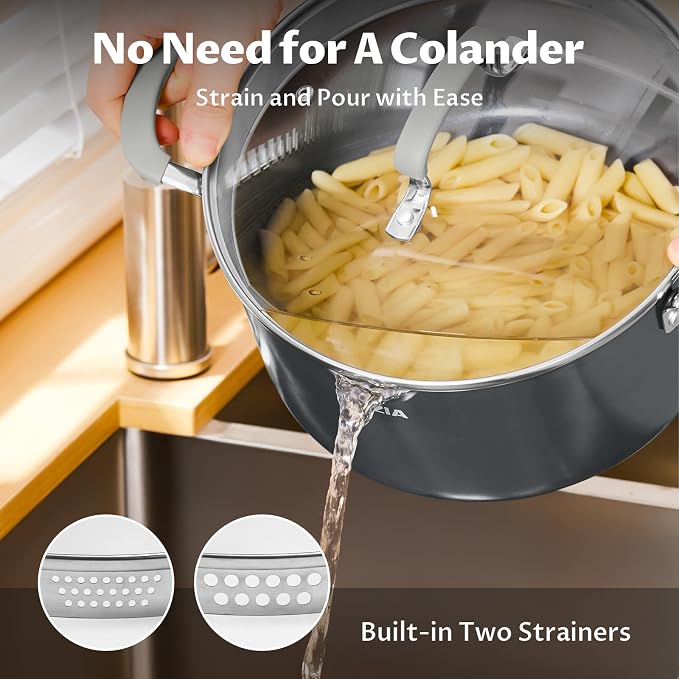 BEZIA 6 Quart Ceramic Non Stick Stock Pot with Strainer Lid & Pour Spout | PFAS-Free Pasta Pot for Easy Straining, Oven Safe Induction Cooking Pot with Stay-Cool Silicone Handles for Soup, Chili, Stew