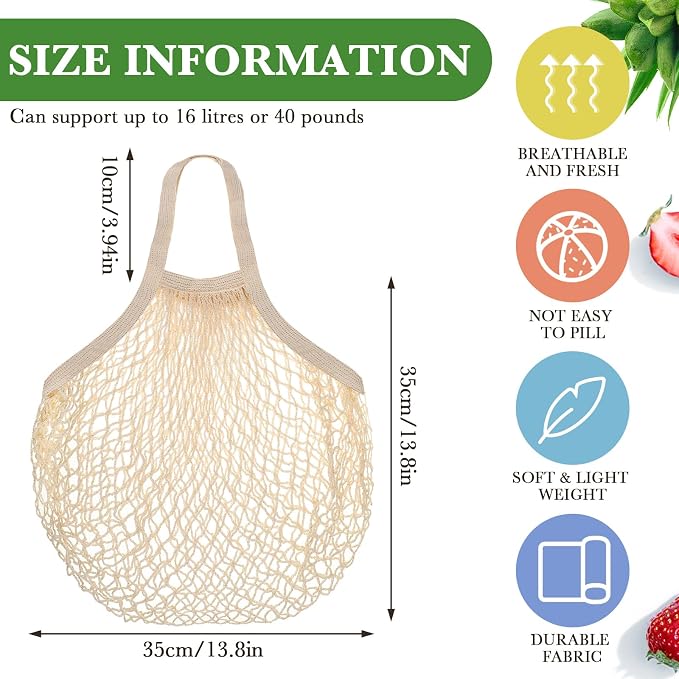 Woanger 24 Pcs Beige Short Handle Reusable Cotton Mesh Produce Shopping Bags Washable Grocery Net Portable Fruit and Vegetable Cotton String Bags Net Tote Organizer (Pack of 2)