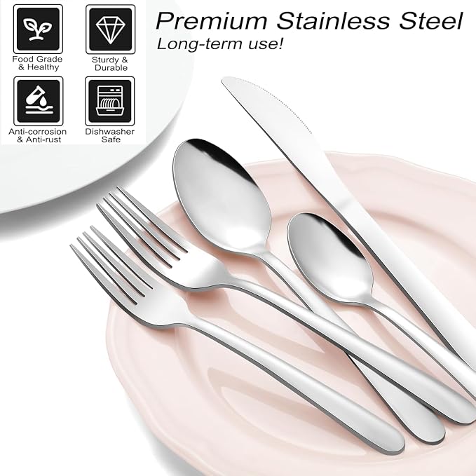 Pleafind 24-Piece Silverware Set - Stainless Steel Cutlery Set with Steak Knives, Forks, Spoons and Knives, Flatware Set for Home or Restaurant Use, Mirror Polished & Dishwasher Safe