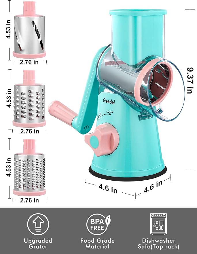 Geedel Rotary Cheese Grater, Kitchen Mandoline Vegetable Slicer with 3 Interchangeable Blades, Easy to Clean Rotary Grater Slicer for Fruit, Vegetables, Nuts | 3 Blades, 430 Stainless Steel, 12x Fast Cutting, Strong Suction Base, No BPA, Dishwasher Saf...