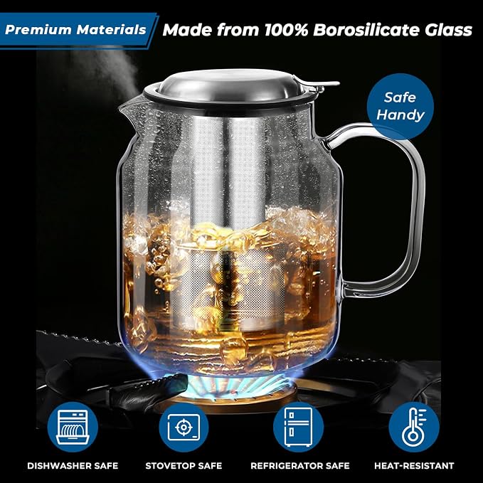 Aquach 85oz Glass Teapot with Infuser, Stovetop Safe Borosilicate Tea Pot | Dishwasher Safe, Plastic-free, Lead-free Material, Extra-Large Family Capacity, Precise Loose Leaf Filter