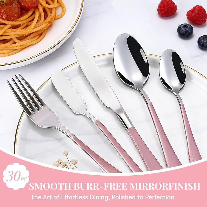 30 Pieces Silverware Set with Organizer, Stainless Steel Cutlery Set Flatware Set for 6 Person, Tableware Set Includes Dinner Knives Forks Spoons Teaspoons Butter Knives (PinK Silver-30PCS)